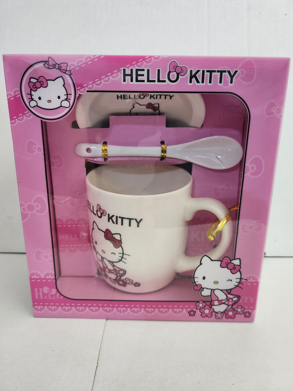 Hello Kitty Pink & White Ceramic Mug Set with Spoon
